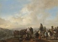 Landscape With Cavalrymen Crossing A Ford And Peasants Taking Refreshment From A Wagon - Philips Wouwerman