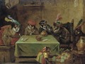 A Singerie With Monkeys Smoking At A Table And A Jester Below - (after) David The Younger Teniers