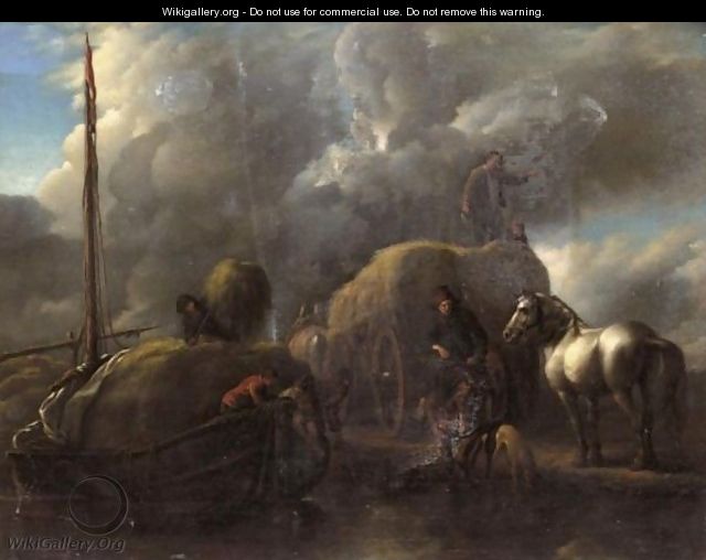 Le Port Au Foin Harvesters Unloading Hay Into A Barge Beside A River - (after) Philips Wouwerman