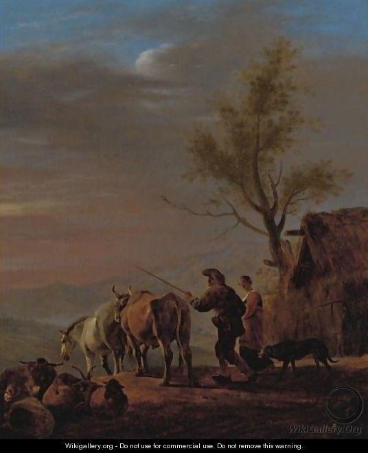 A Sunset Scene With A Drover And His Wife Driving Out Their Animals - (after) Johannes Lingelbach