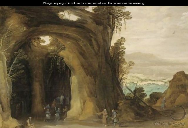 A Landscape With Pilgrims Attending A Service In A Grotto, A Monk Reading In The Foreground - (after) Joos De Momper