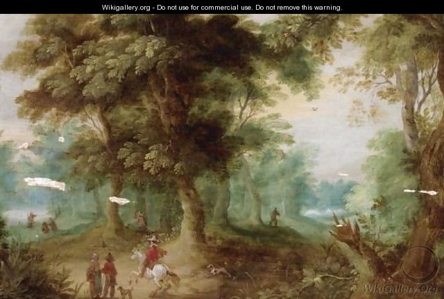 A Wooded Landscape With Huntsmen In The Foreground - (after) Jasper Van Der Laanen