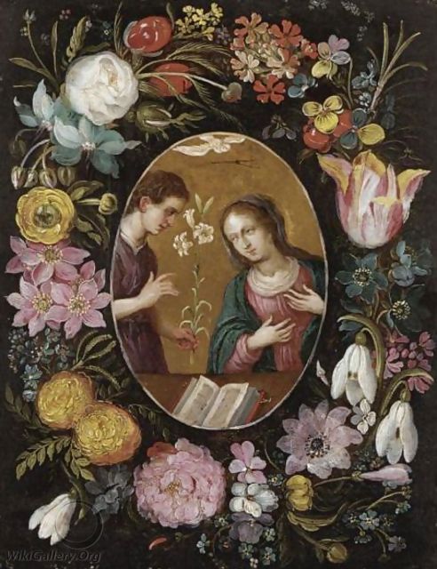 The Annunciation Surrounded By A Garland Of Flowers - (after) Frans II Francken