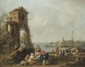 An Architectural Capriccio With Numerous Figures Beside Classical Ruins, A Mediterrenean Harbour Beyond - Francesco Zuccarelli