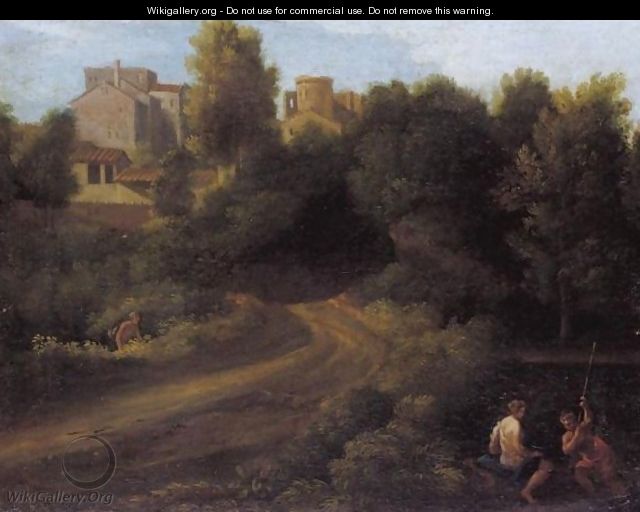A Classical Landscape With Figures Near A Bridge Leading To A Village - (after) Gaspard Dughet