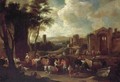 A Landscape With Numerous Drovers And Their Animals, Classical Ruins Beyond - North-Italian School