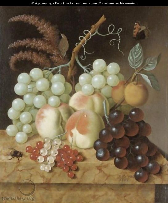 Still Life With Peaches, Apricots, Grapes, Berries, A Fly And A Butterfly On A Marble Ledge - (after) Jan Evert Morel