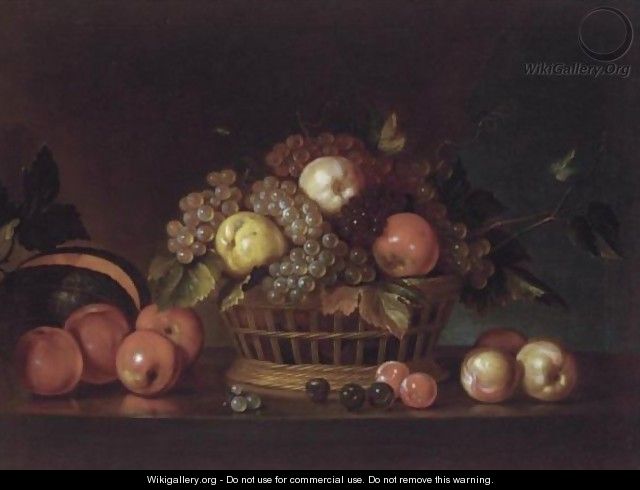 A Still Life With A Basket Of Grapes, Pears And Apples, Together With Plums, Cherries, Apples And A Melon, All On A Wooden Table - German School