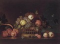 A Still Life With A Basket Of Grapes, Pears And Apples, Together With Plums, Cherries, Apples And A Melon, All On A Wooden Table - German School