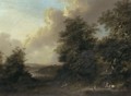 An Extensive Wooded River Landscape With Travellers Praying At A Roadside Shrine - Johann Heinrich Wuest