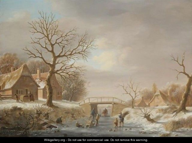 A Winter Landscape With Skaters On A Frozen River Running Through A Small Hamlet - (after) Andries Vermeulen