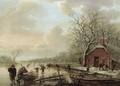 A Frozen River Landscape With Skaters And Men Collecting Firewood - (after) Andries Vermeulen