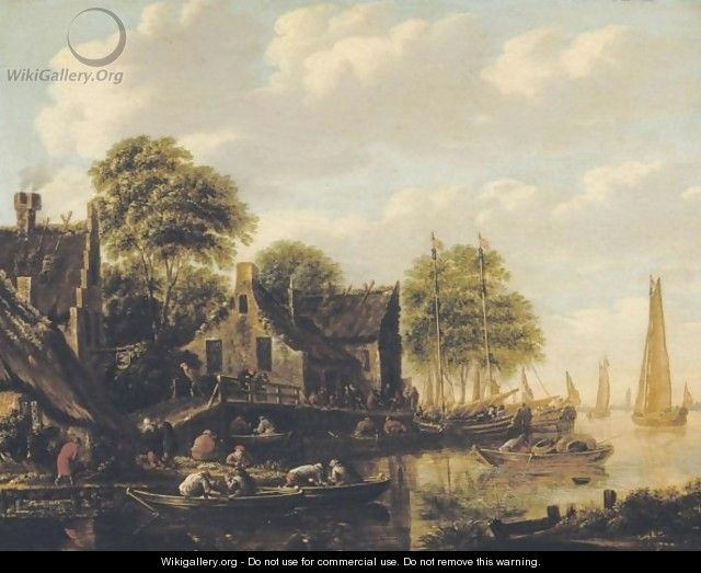 A River Landscape With Numerous Boats And Figures Outside An Inn - Thomas Heeremans