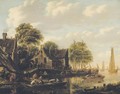 A River Landscape With Numerous Boats And Figures Outside An Inn - Thomas Heeremans