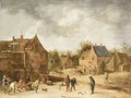 A Village Scene With Peasants Playing Kegelen - (after) David The Younger Teniers