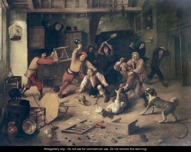 Peasants Brawling In A Tavern Interior - Abraham Diepraam