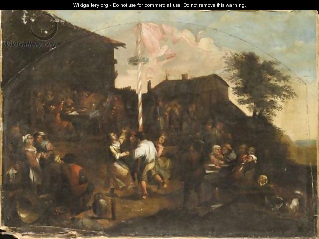 A Village Fete With Figures Outside A Tavern Merrymaking And Dancing Round A Maypole - (after) Gillis Van Tilborch II