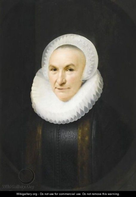 Portrait Of A Lady, Half Length, Wearing A Black Dress Fringed With Fur, A Ruff And An Elaborate Lace Headdress - (after) Anthony Van Ravesteyn
