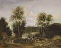 A Wooded Landscape With An Elegant Hunting Party Beside A Lake - (after) Lucas Achtschellinck