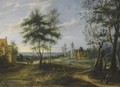 A Village Scene With Figures In The Foreground, A Church Beyond - Lucas Van Uden
