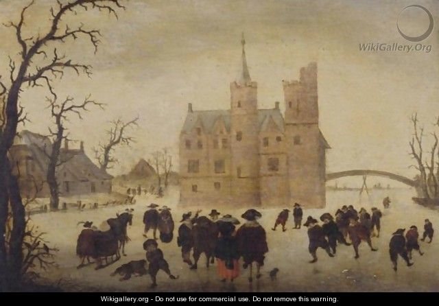 A Winter Landscape With Figures Skating Before A Manor - (after) Anthonie Verstraelen