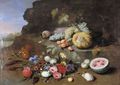 A Still Life With A Posy Of Flowers, A Squirrel, Guinea Pigs, Grapes, A Melon And A Watermelon - (after) Jan Van Kessel