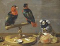 A Still Life With Two Parrots, A Marmoset, Apples, And A Variety Of Nuts On A Table - (after) Frans Snyders