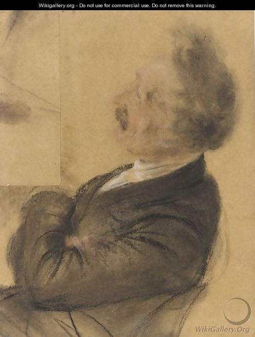 Study Of A Seated Man In Profile To The Left, Leaning Back In Contemplation - Adolph von Menzel