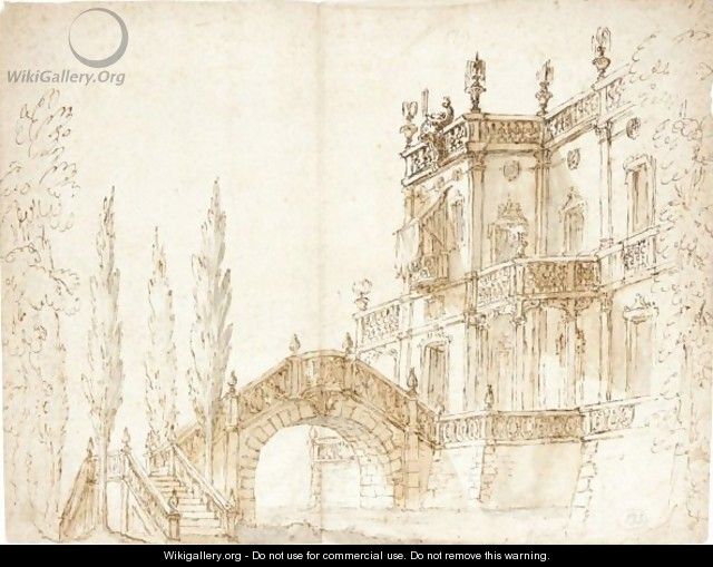 View Of A Fantastical Villa With A Moat And Hump-Back Bridge - (after) Ferdinando Galli Bibiena