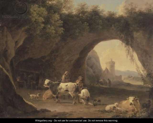 A Grotto With Cattle And Figures, A Forge Beyond - (after) Willem Romeyn