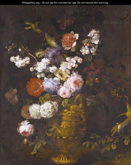 A Still Life Of Roses, Carnations, Hydrangeas And Other Flowers In A Classical Urn, With Birds - (after) Jean-Baptiste Monnoyer