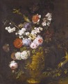 A Still Life Of Roses, Carnations, Hydrangeas And Other Flowers In A Classical Urn, With Birds - (after) Jean-Baptiste Monnoyer