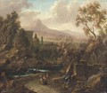 A Classical River Landscape With Two Travellers Resting With Their Dog Beside Ruins - Johann Christoph Turner