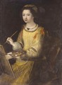Portrait Of A Female Artist, Three-Quarter Length, Wearing A Brocaded Dress - Italian School