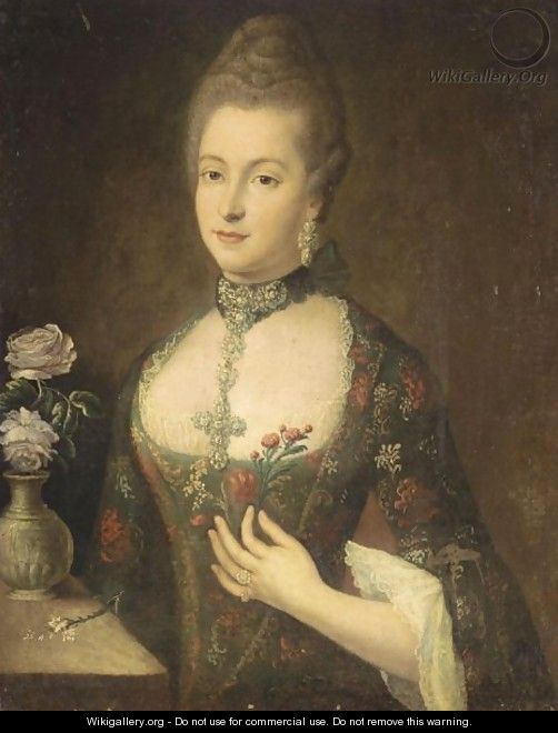 Portrait Of A Lady, Half Length, Wearing A Blue Dress With Red Flowers, Beside A Table With A Vase Of Roses - Portugese School