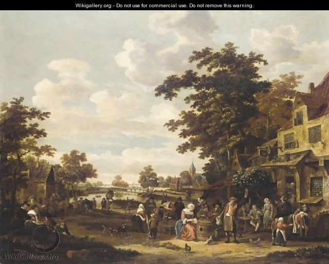A Village Landscape With Revellers Outside An Inn - Rutger Verburgh