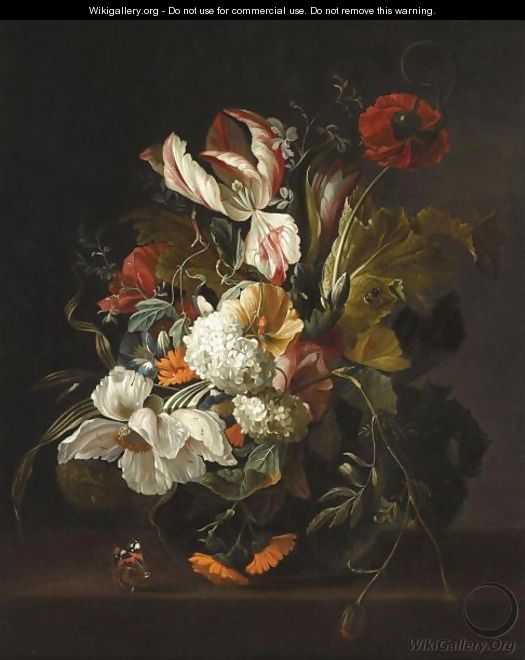 A Still Life With Tulips, Poppies, Morning Glory And Other Flowers, In A Vase On A Ledge - (after) Rachel Ruysch