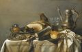 A Still Life With A Leg Of Ham Upon A Pewter Plate, A Pewter Kanne And A Roemer, An Overturned Beaker Resting On A Pewter Plate With Bread, A Mustard Pot And A Broken Roemer Upon Another Plate, All Upon A Table Partially Draped With A White Cloth - (after) Pieter Claesz