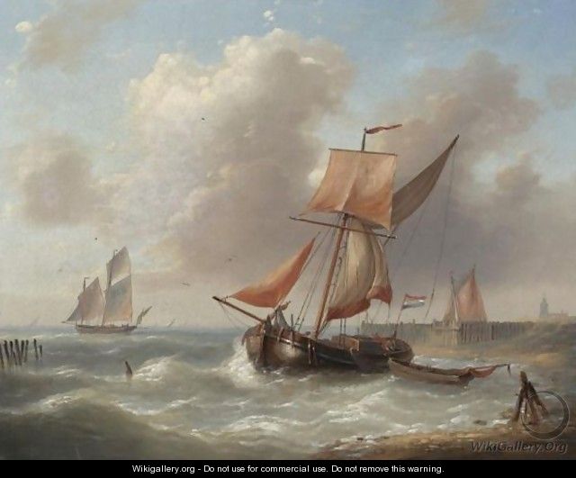 Dutch Fishing Barges Off The Shore - Louis Verboeckhoven