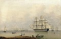 H.M.S. Queen Sailing Out Of Portsmouth Harbour, Elegant Figures In The Foreground - John of Hull Ward