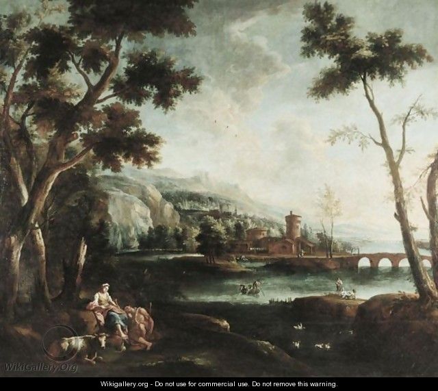 A Pastoral Landscape With Figures Resting In The Foreground And Men Fishing In The River Beyond - North-Italian School
