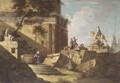 An Architectural Capriccio With Figures Amongst Ruins - (after) Marco Ricci
