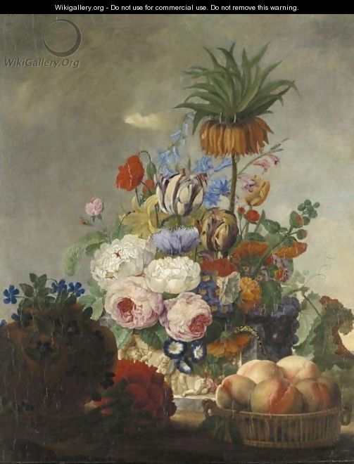 A Still Life With A Crown Fritillary, Tulips, Roses And Various Other Flowers In A Vase, Together With A Bowl Of Peaches - Michel Jansz Speeckhaert