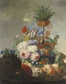 A Still Life With A Crown Fritillary, Tulips, Roses And Various Other Flowers In A Vase, Together With A Bowl Of Peaches - Michel Jansz Speeckhaert