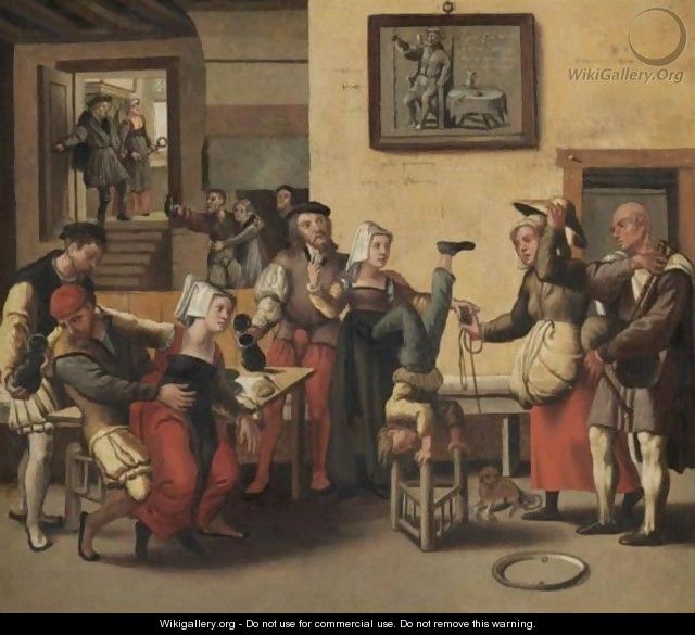 An Interior With An Acrobat, Figures Drinking And Making Music Together With Children Playing - (after) The Brunswick Monogrammist