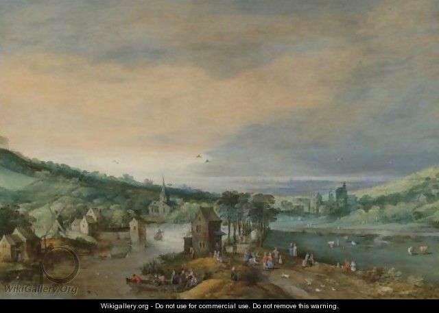 A River Landscape With Figures On A Road Passing A Town, And A Distant View Of The Sea - Joos or Josse de, The Younger Momper