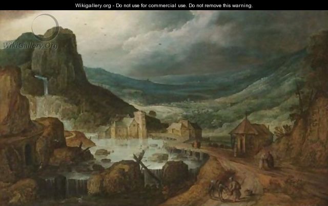 A Mountainous Landscape With A Wooden Bridge Crossing A River, And A Monk Feeding His Donkey - (after) Joos De Momper