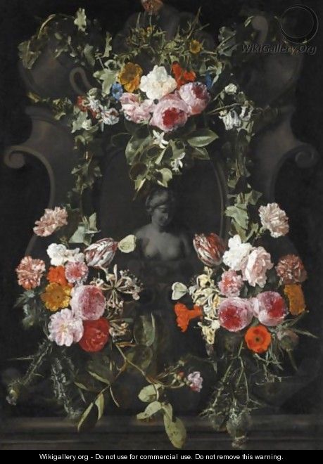 A Female Stone Bust Set In A Stone Cartouche, Surrounded By A Garland Of Flowers Including Roses - Carstian Luyckx