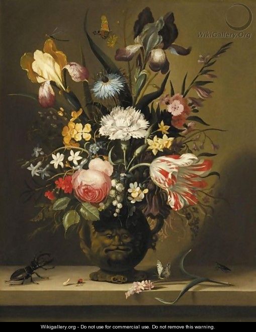 A Still Life Of Flowers, Including A Parrot Tulip, Irises And Roses, In A Grotesque Vase - Jacob Marrel