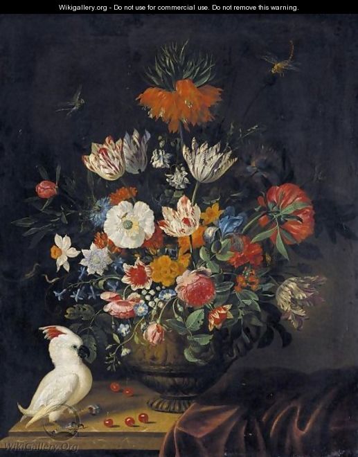 Still Life Of Flowers Including Irises, Roses, A Crown Imperial Lily, Marigolds And Parrot Tulips - Jacob Marrel